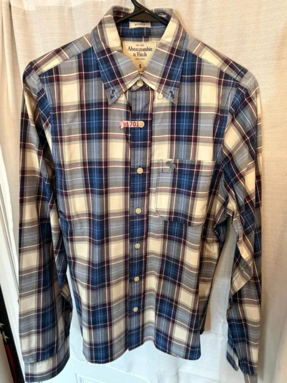 Abercrombie & Fitch - Plaid Shirt - Small White w/ Blue & Red Stripes